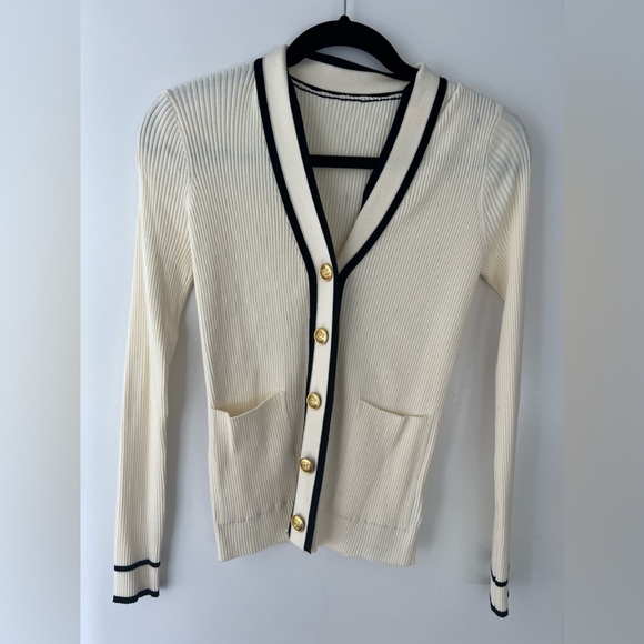 Cream Cardigan with Black Trim and Gold Buttons - Picture 1 of 3